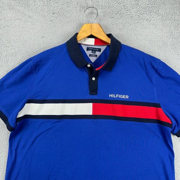 Tommy Hilfiger Polo Shirt Adult 2XL Blue 100% Cotton Custom Fit Logo‎ Rugby Mens - Picture 1 of 8